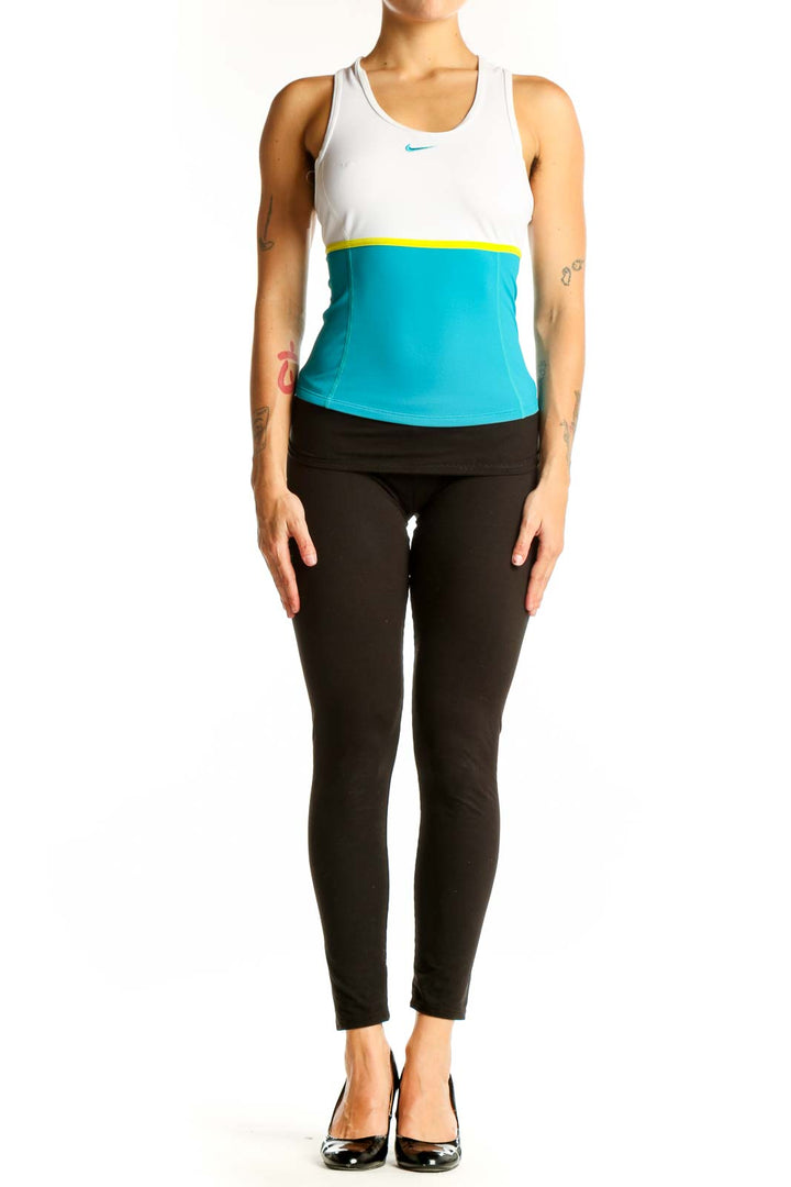 Front view of white and turquoise Nike color-block tank top