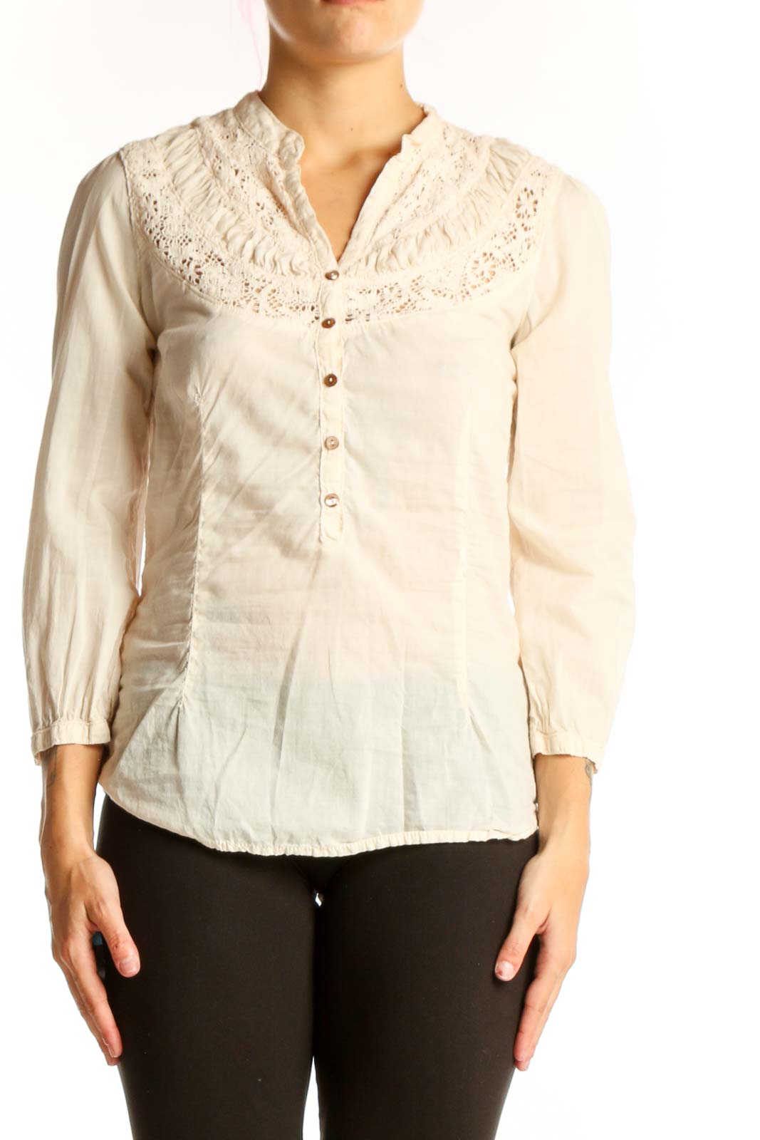 Front view of Sanctuary cream cotton blouse with lace yoke