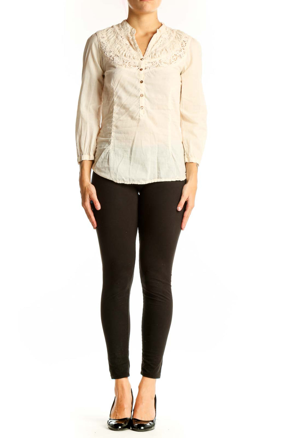 Front view of Sanctuary cream cotton blouse with lace yoke