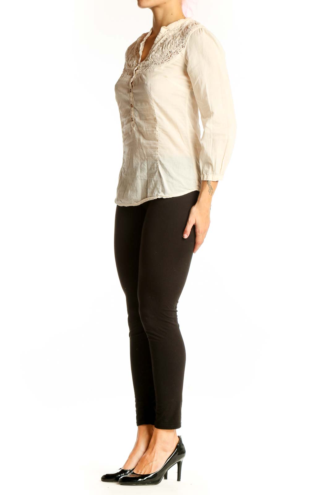 Front view of Sanctuary cream cotton blouse with lace yoke
