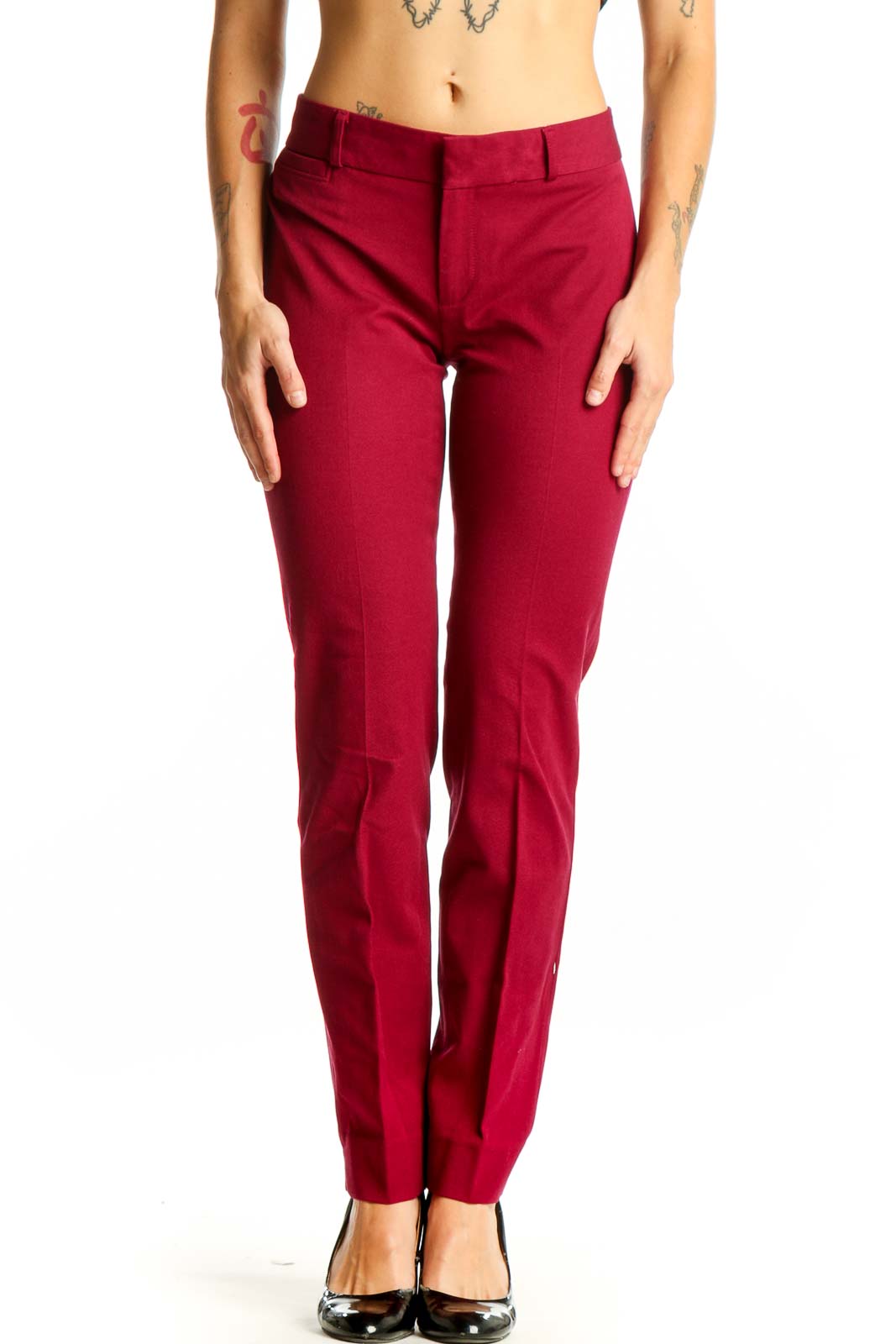 Front view of red slim-fit Banana Republic trousers on model
