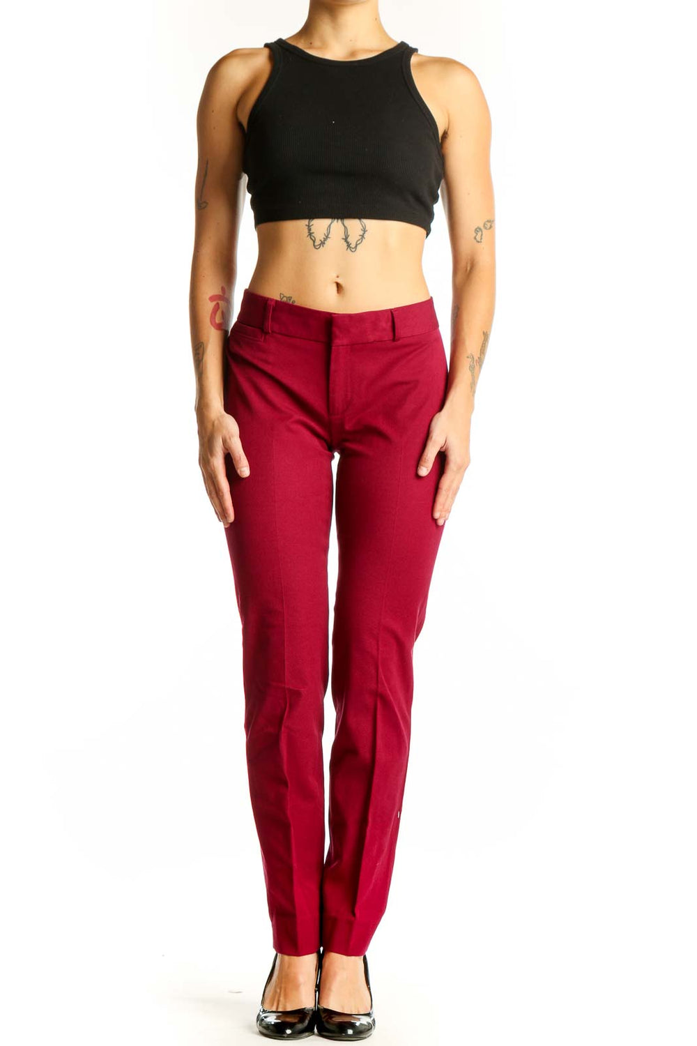 Front view of red slim-fit Banana Republic trousers on model
