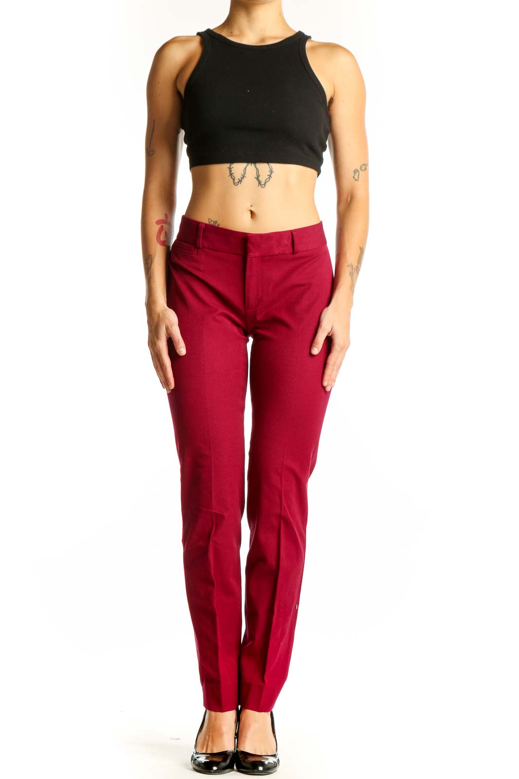 Front view of red slim-fit Banana Republic trousers on model