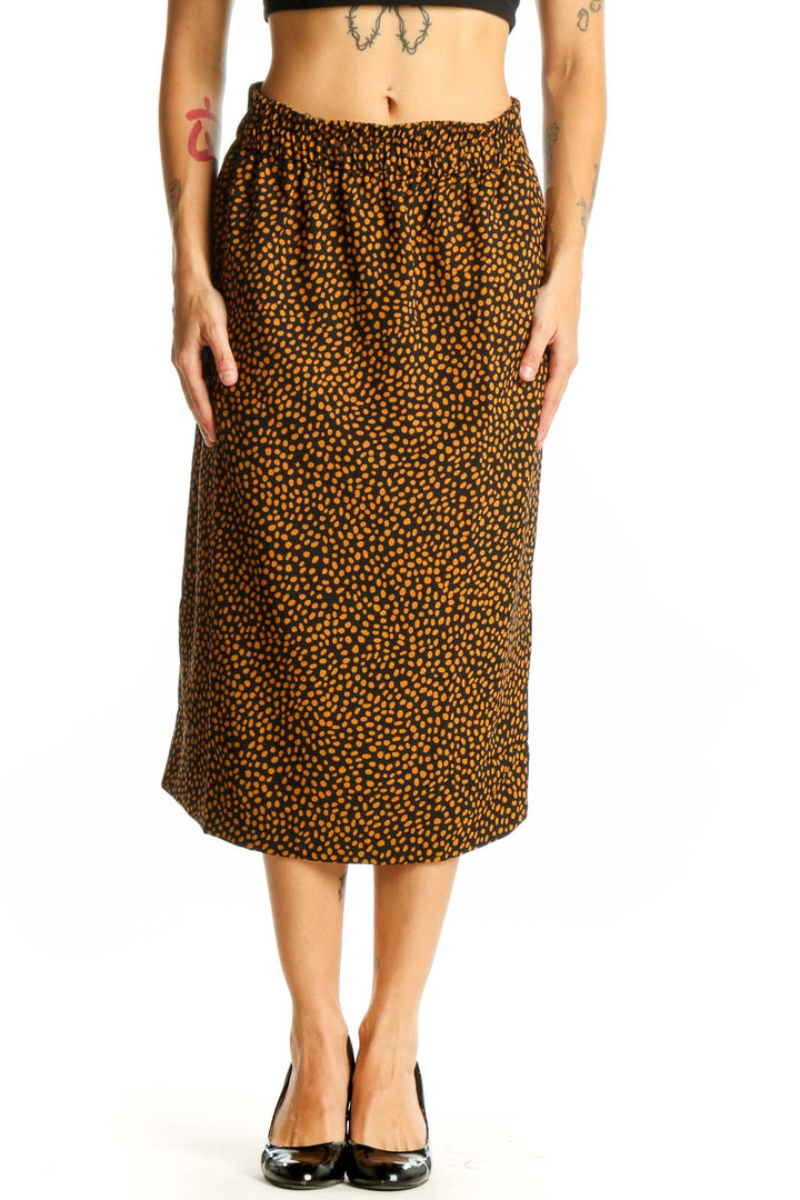 Front view of J.Crew brown spotted midi skirt with elastic waist