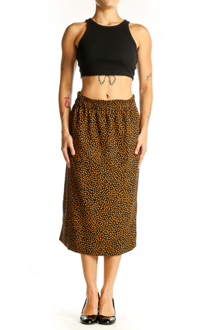 Front view of J.Crew brown spotted midi skirt with elastic waist