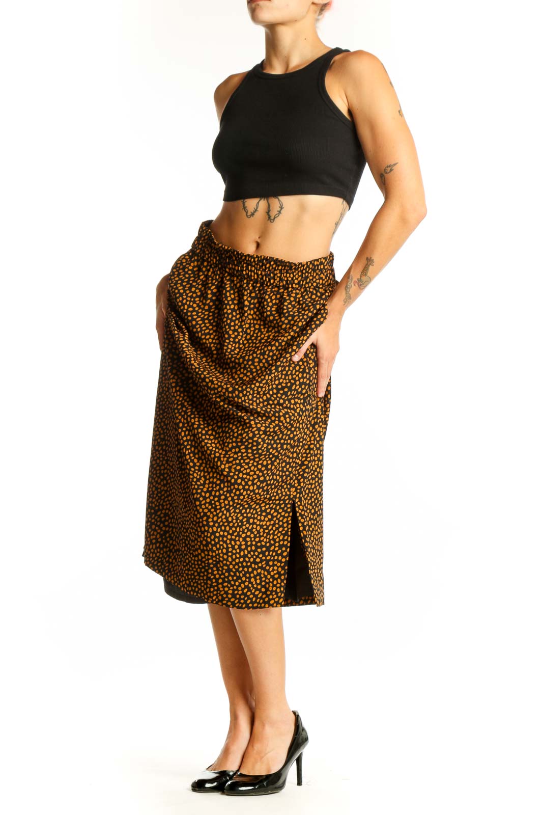 Front view of J.Crew brown spotted midi skirt with elastic waist