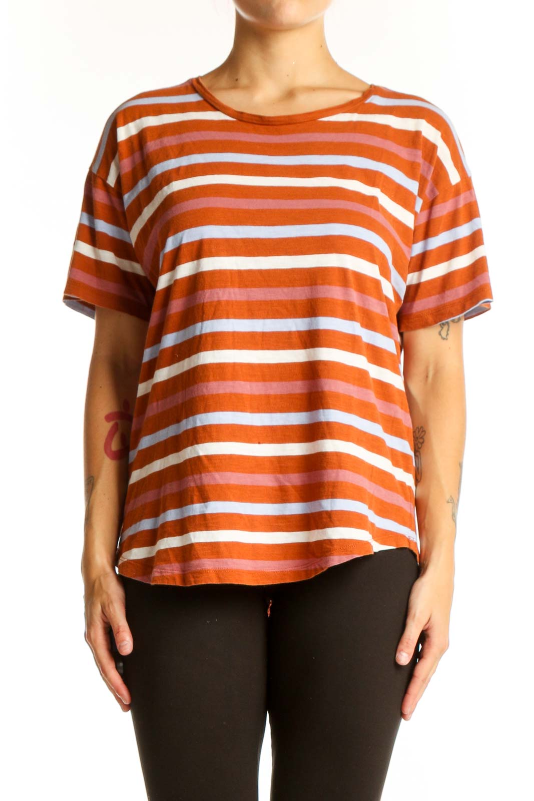 Front view of Madewell orange striped short-sleeve crewneck tee