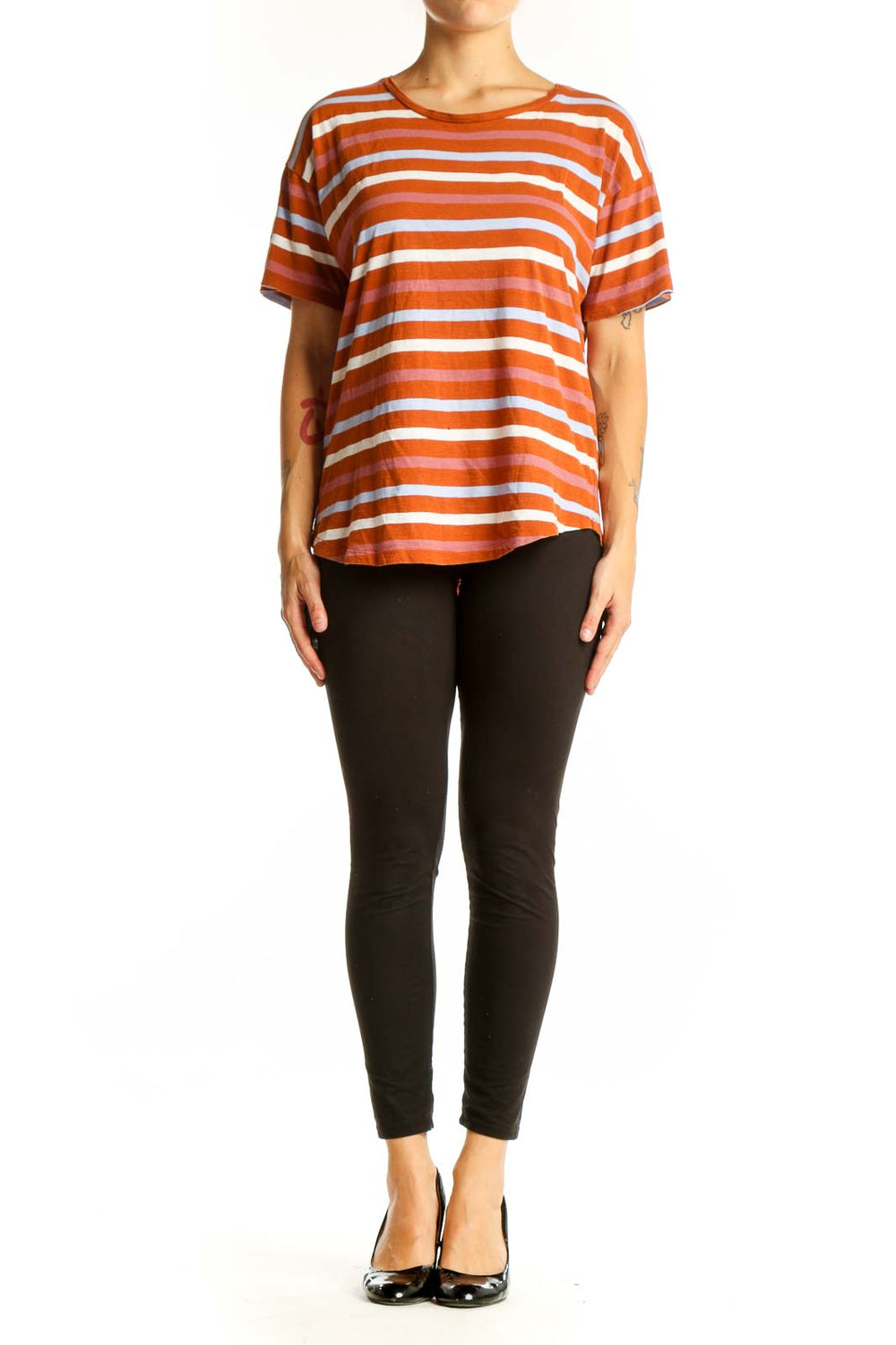 Front view of Madewell orange striped short-sleeve crewneck tee