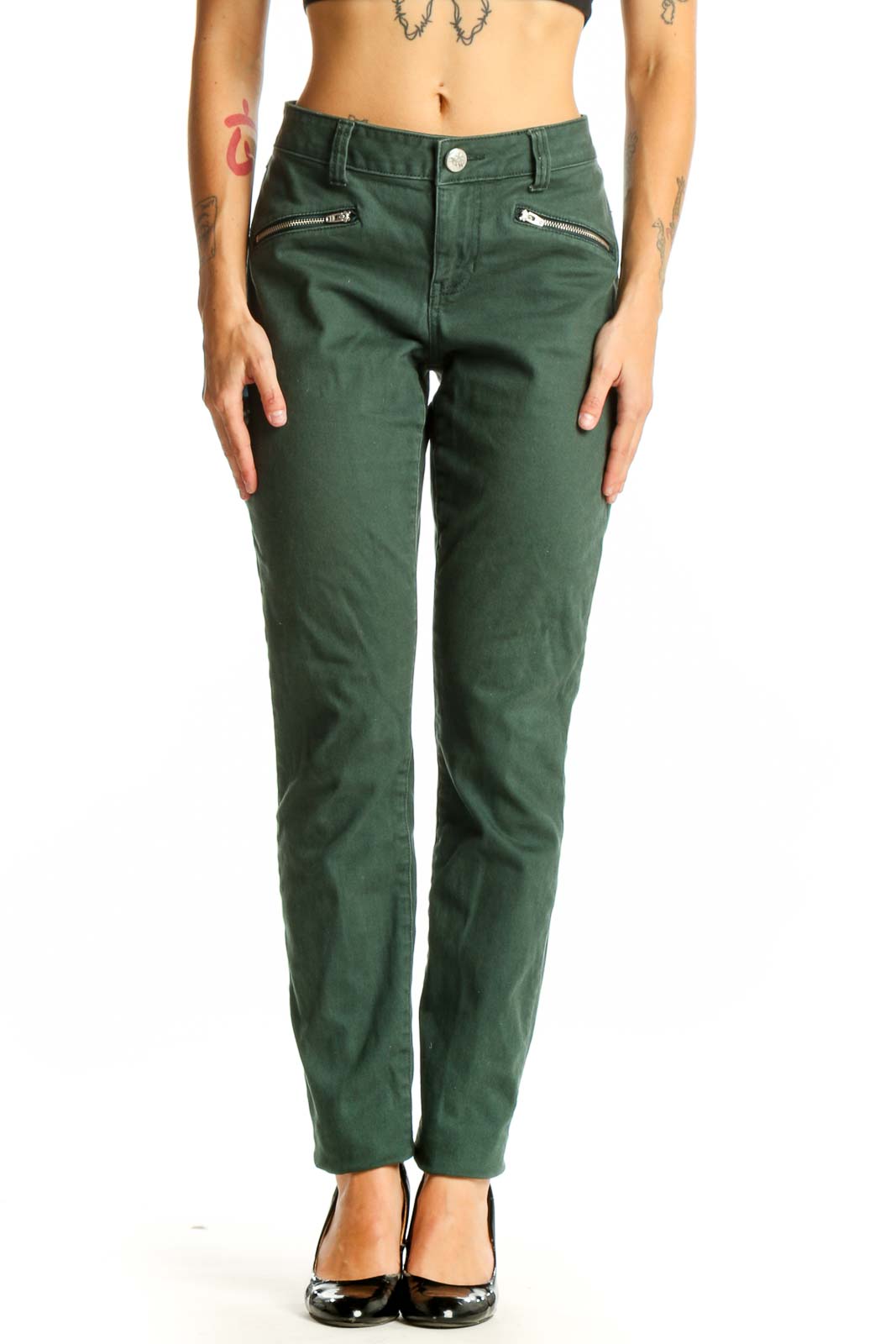 Front view of green Cabi straight leg jeans with zip pockets