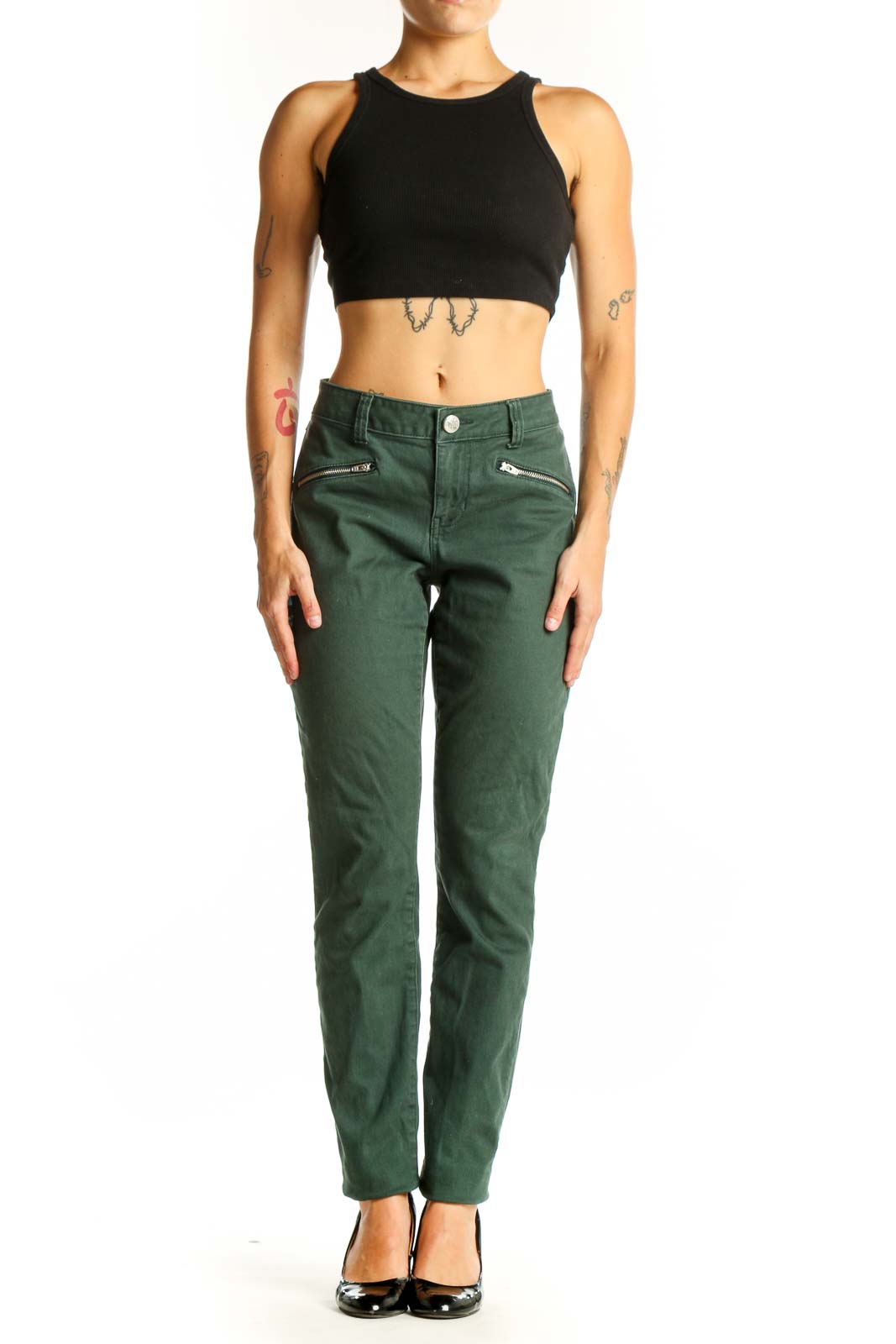 Front view of green Cabi straight leg jeans with zip pockets