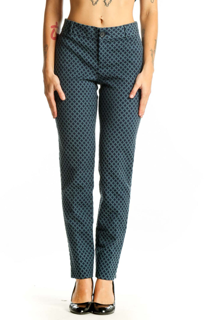 Front view of Banana Republic blue geometric print slim fit pants