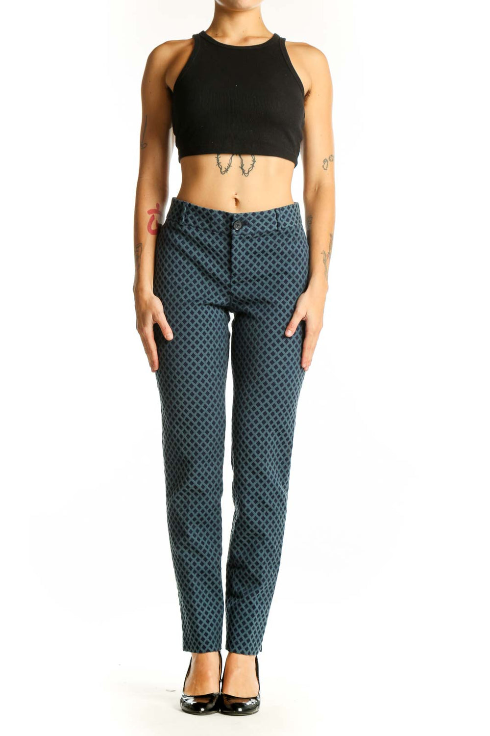 Front view of Banana Republic blue geometric print slim fit pants