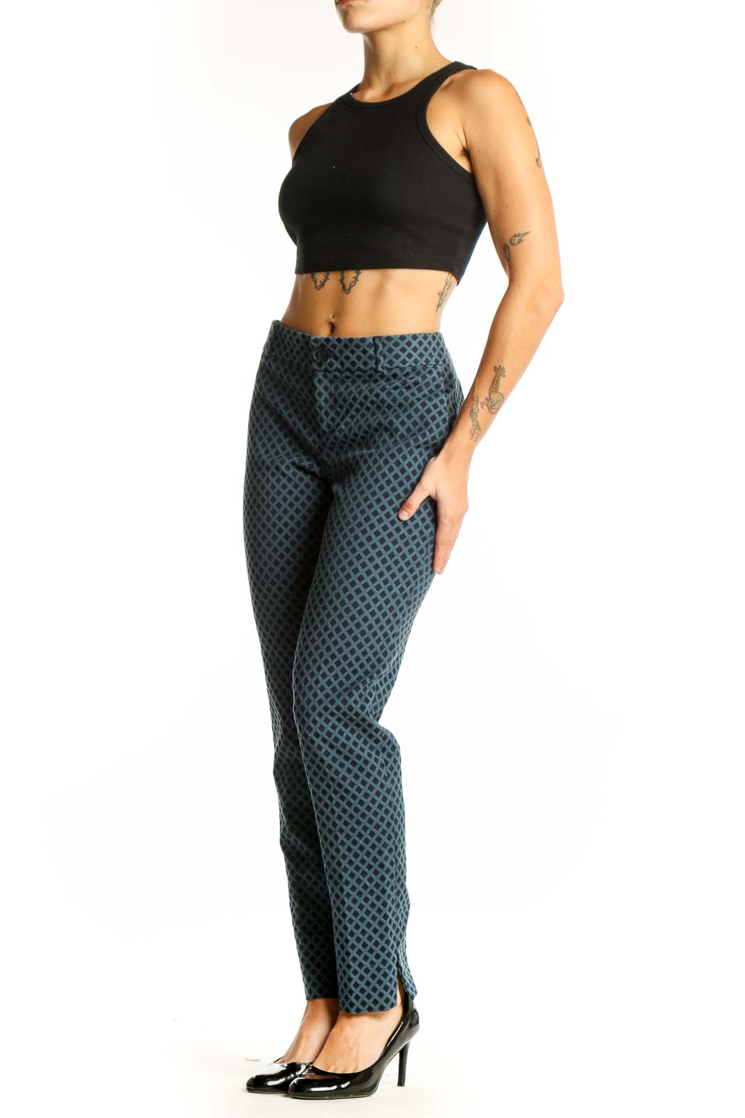 Front view of Banana Republic blue geometric print slim fit pants