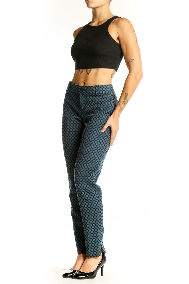 Front view of Banana Republic blue geometric print slim fit pants