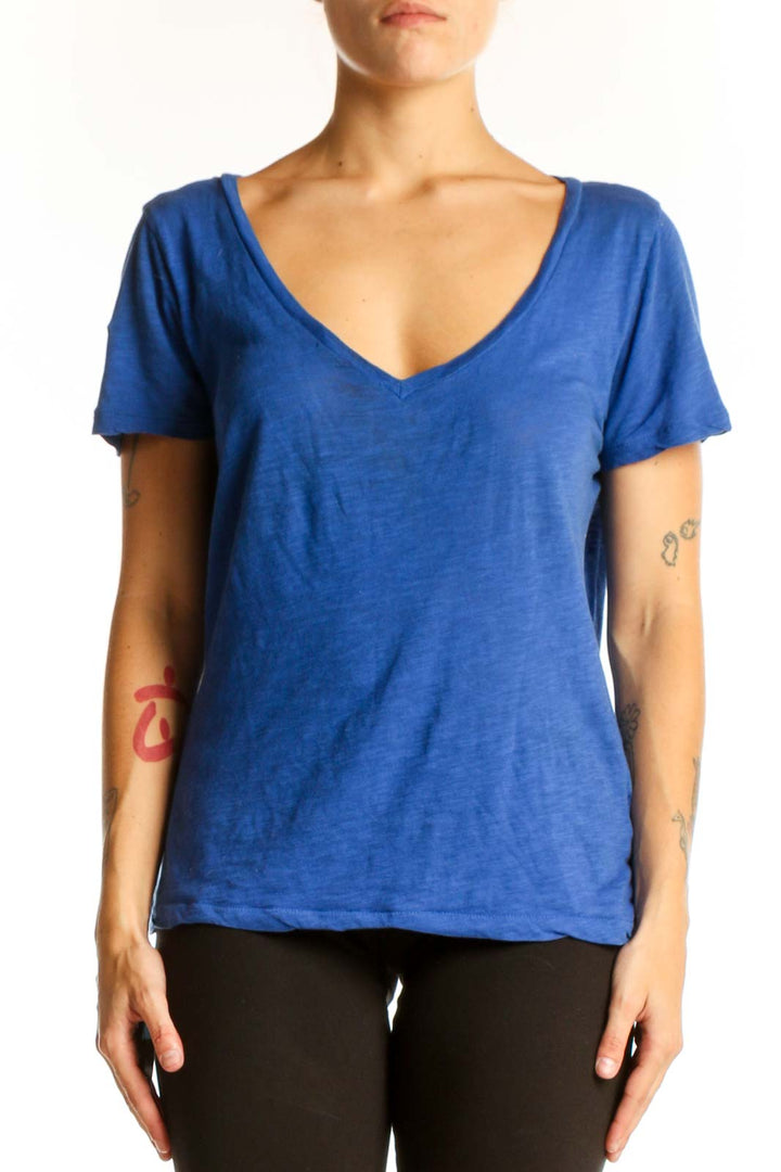 Front view of blue J.Crew V-neck short sleeve cotton top