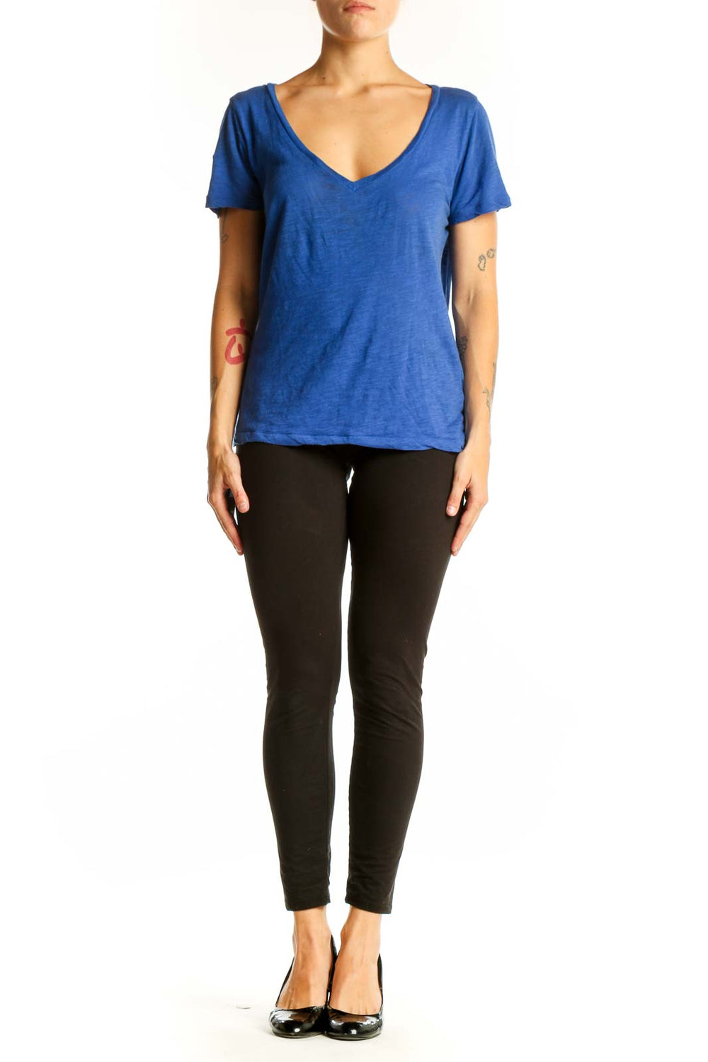 Front view of blue J.Crew V-neck short sleeve cotton top