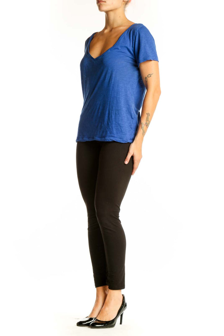 Front view of blue J.Crew V-neck short sleeve cotton top
