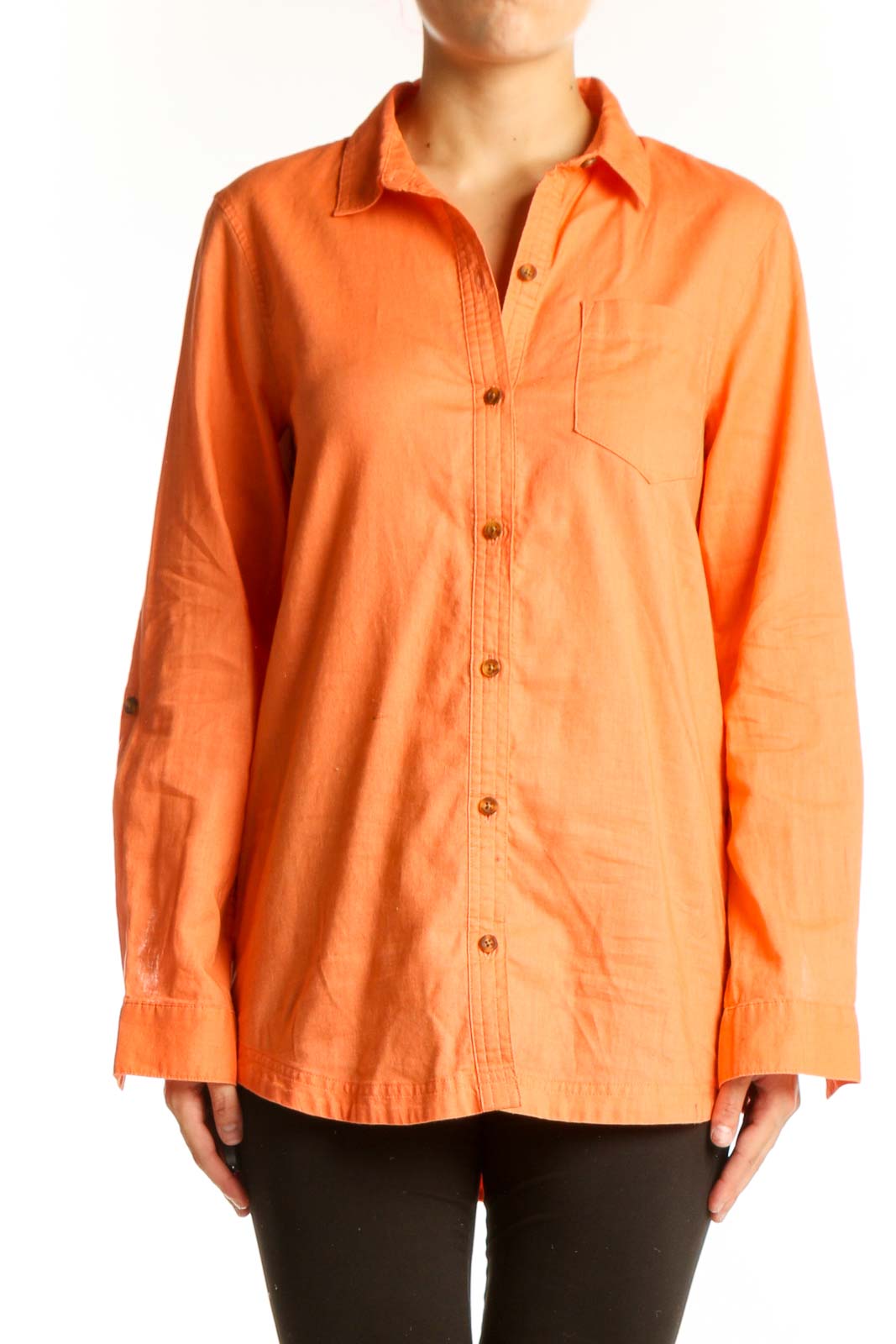 Front view of orange Eddie Bauer button-up shirt with chest pocket