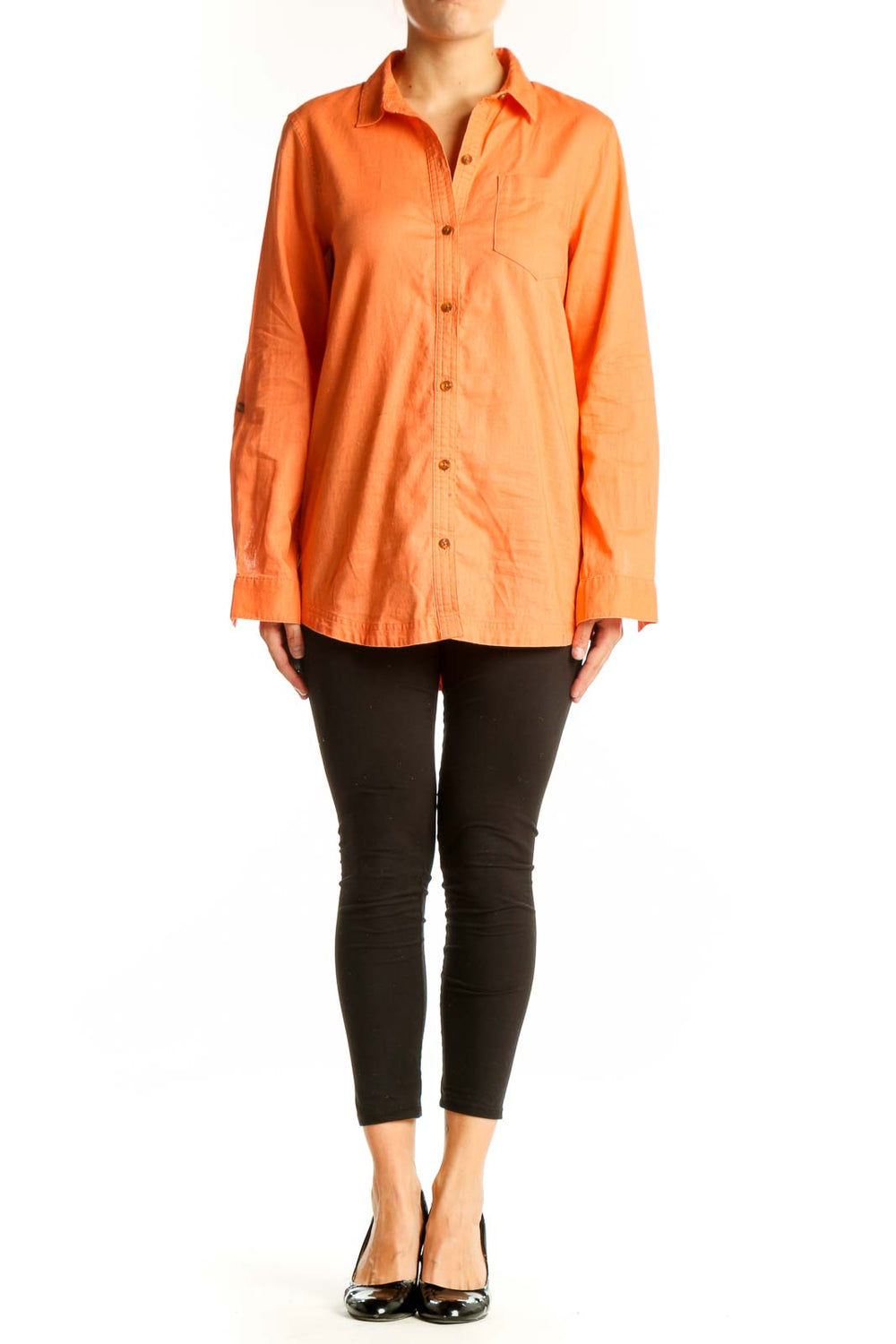 Front view of orange Eddie Bauer button-up shirt with chest pocket