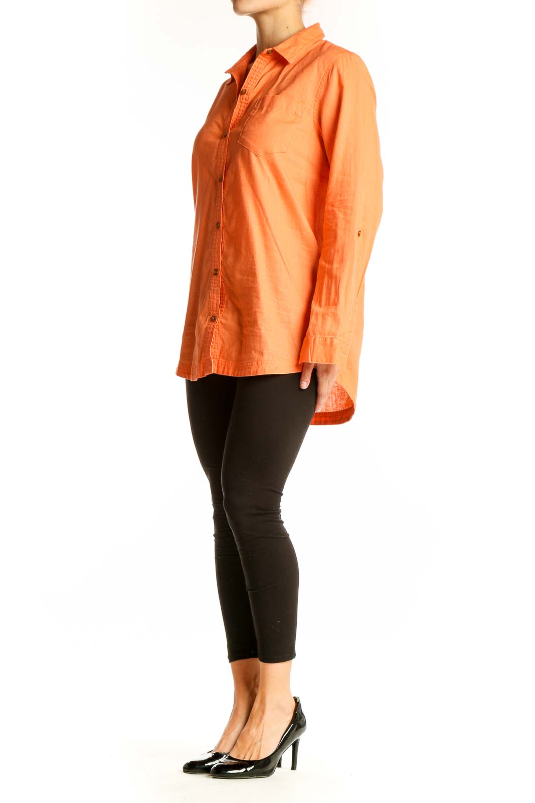 Front view of orange Eddie Bauer button-up shirt with chest pocket