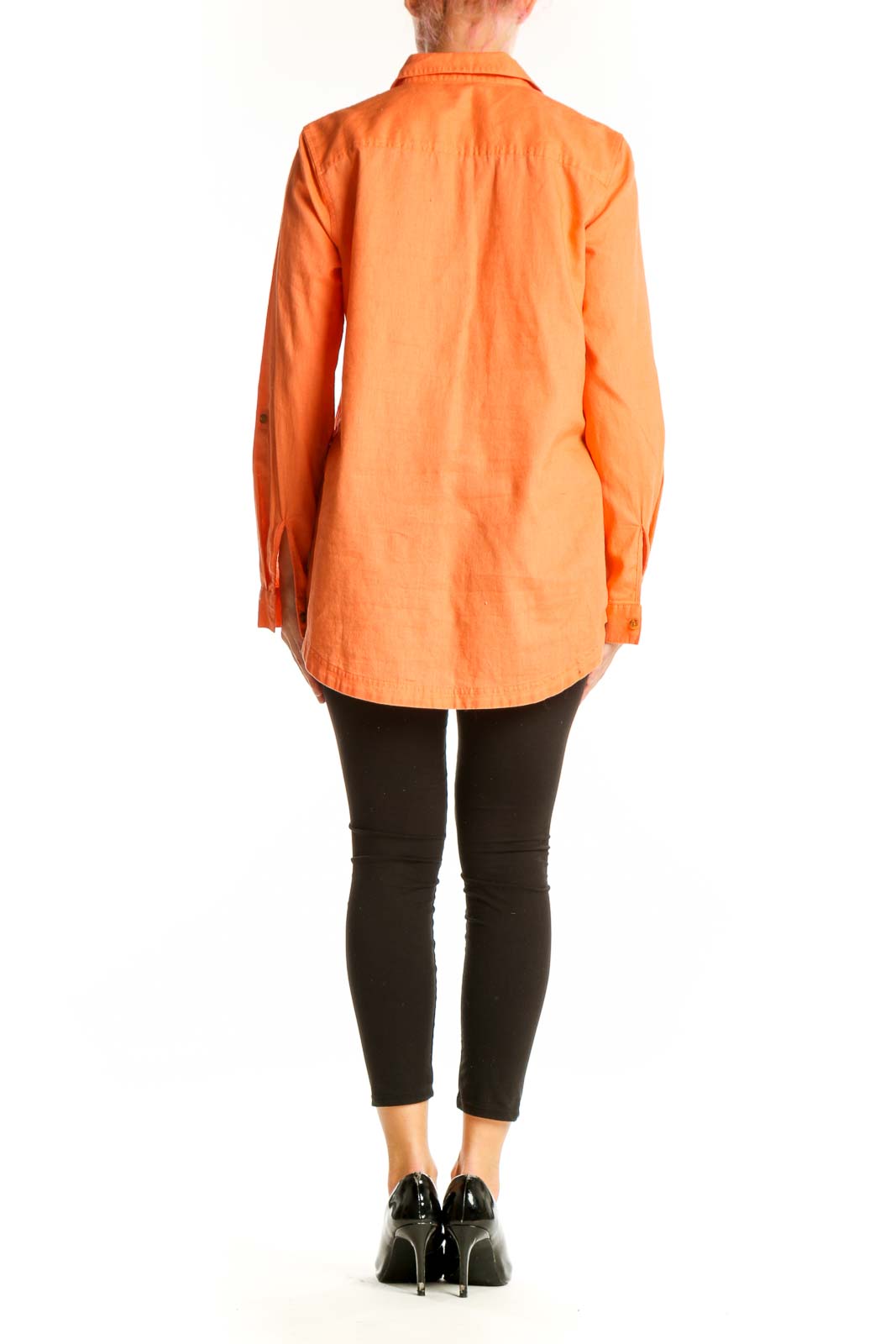 Back view of orange Eddie Bauer button-up shirt showing longer hem