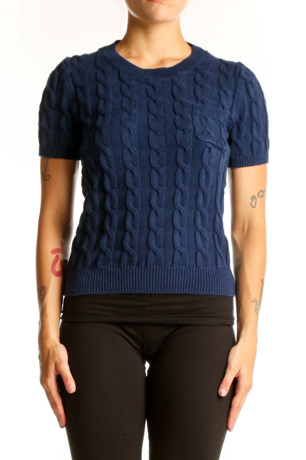 Front view of J.Crew navy cable knit short sleeve sweater on model