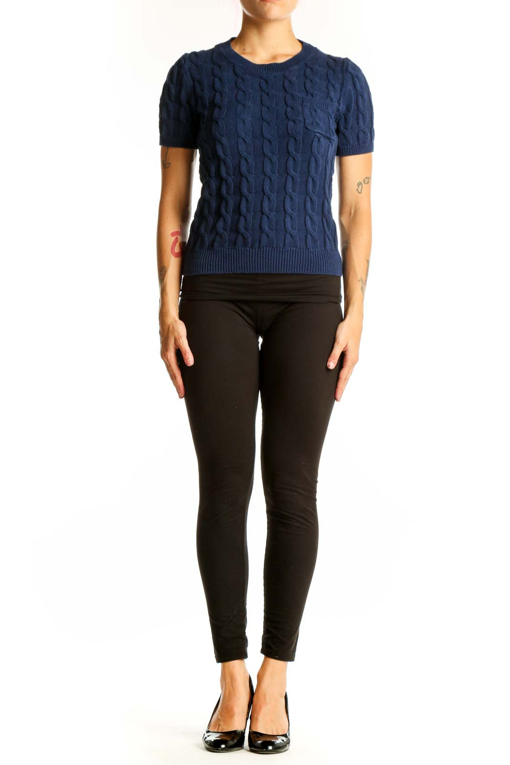 Front view of J.Crew navy cable knit short sleeve sweater on model