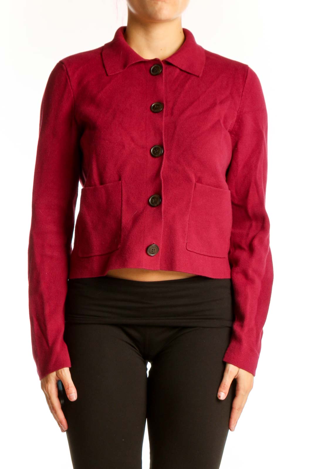 Front view of J.Crew red cotton crop jacket with button-up design