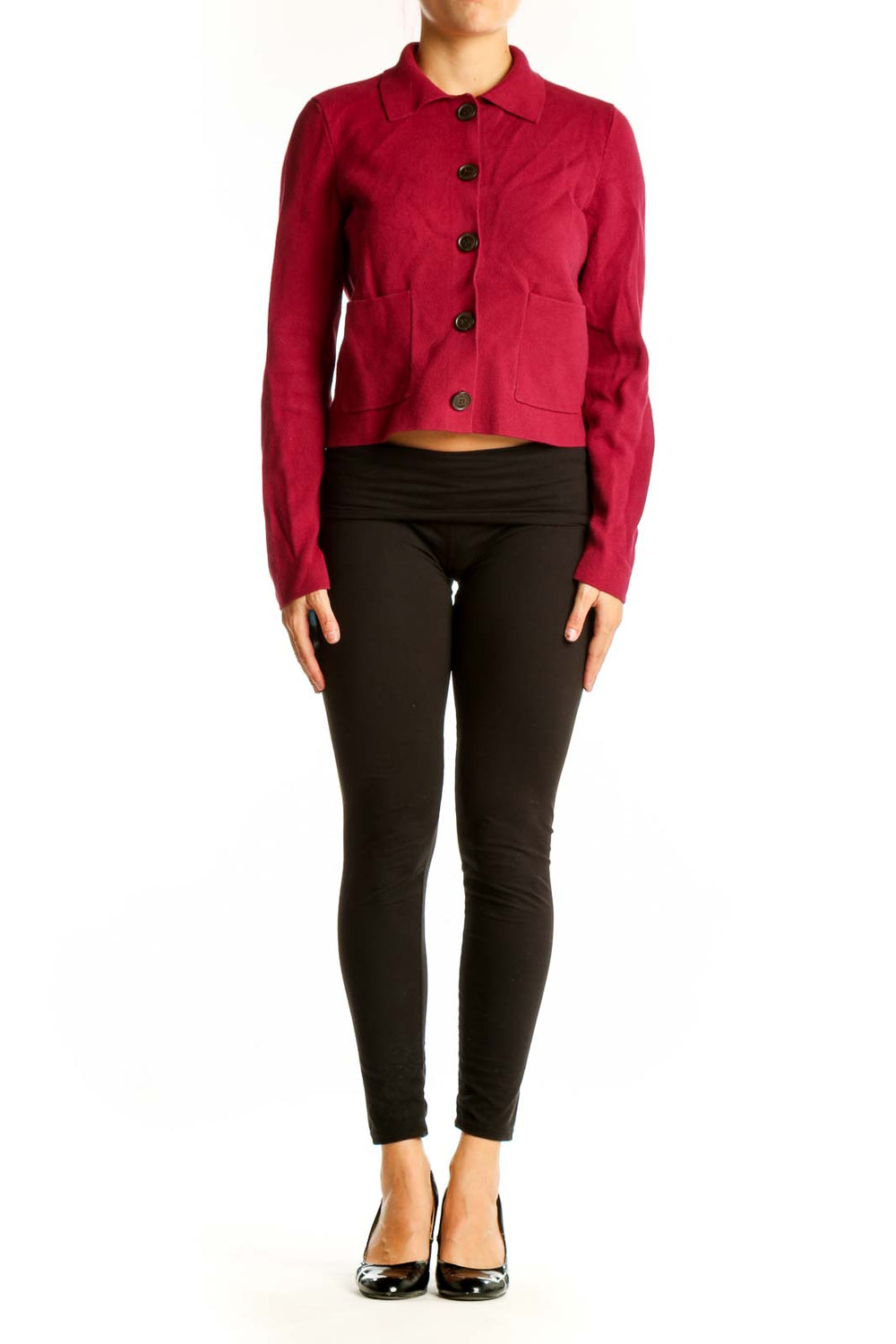 Front view of J.Crew red cotton crop jacket with button-up design