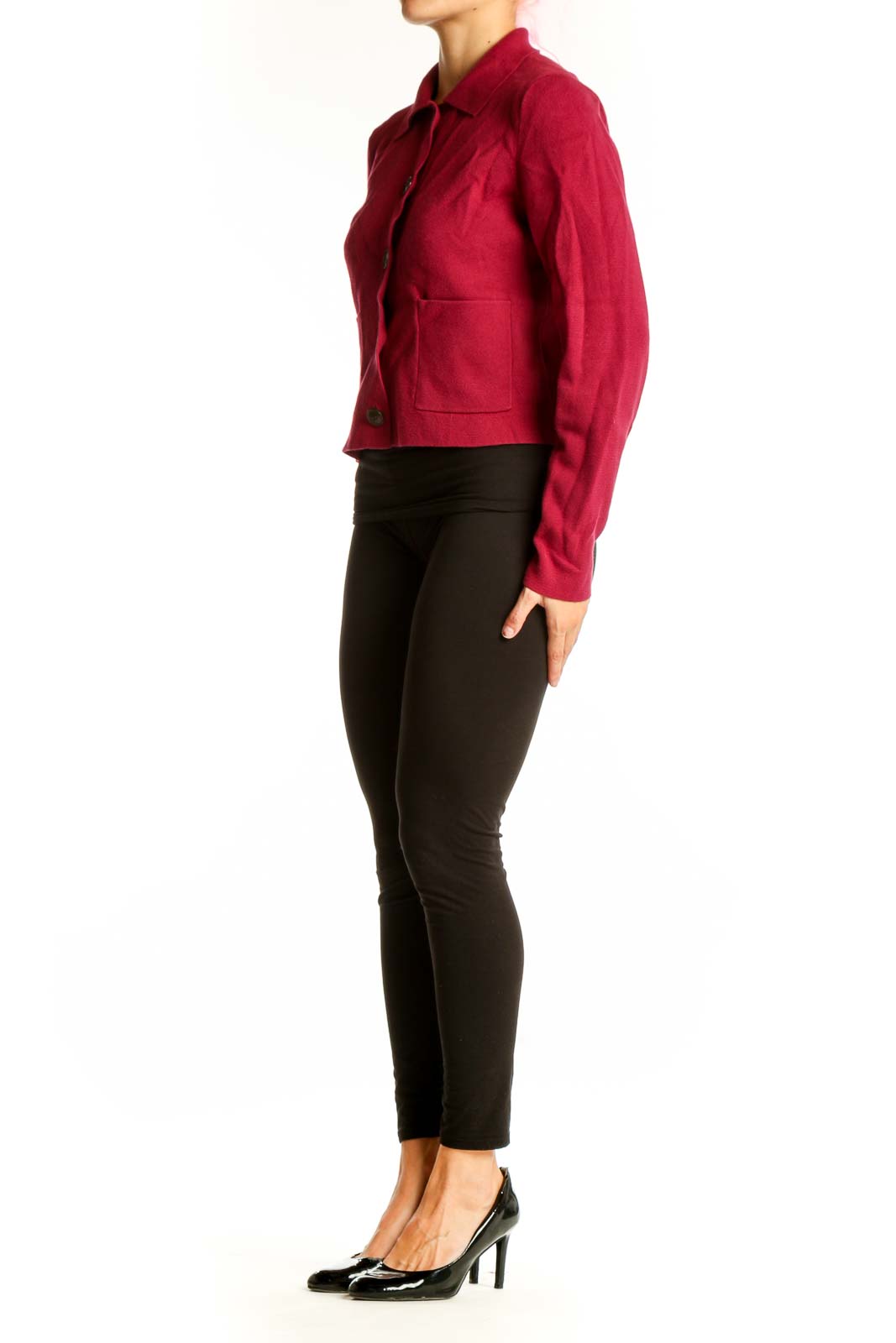 Front view of J.Crew red cotton crop jacket with button-up design