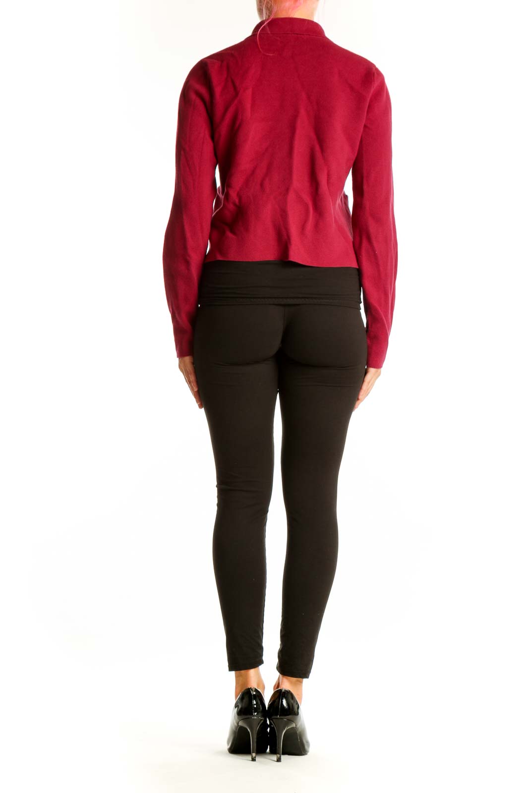 Side view of J.Crew red cotton crop jacket showing cropped length and fit