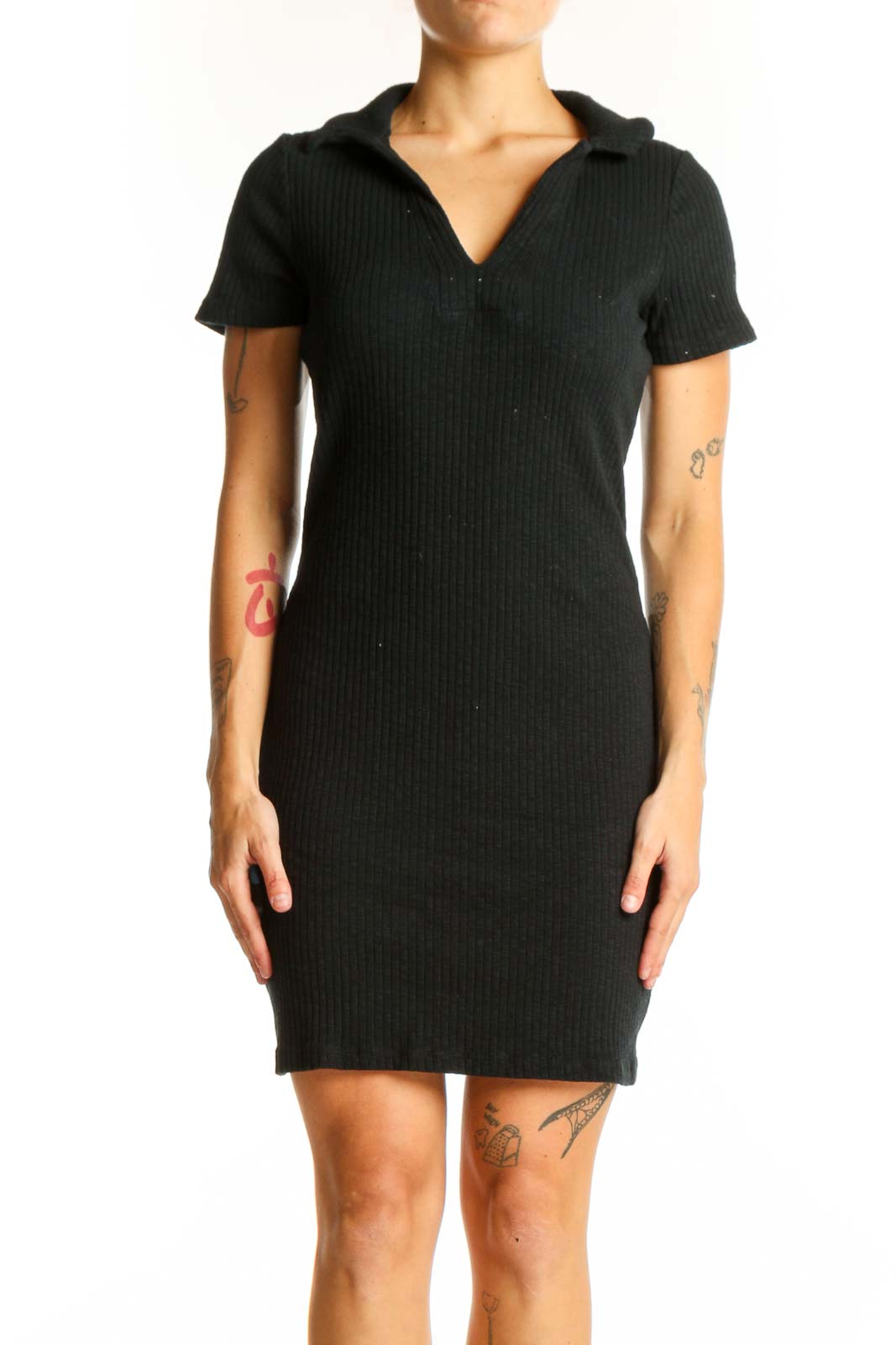 Front view of black ribbed knit polo dress from Project Social T