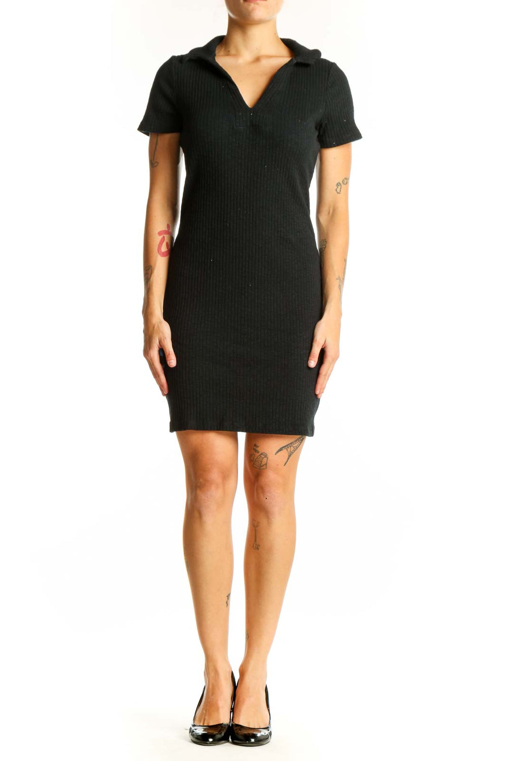 Front view of black ribbed knit polo dress from Project Social T