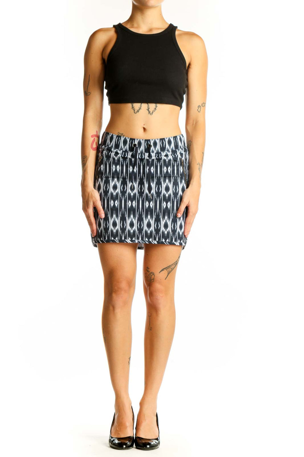 Front view of Athleta black and white ikat print athletic skirt