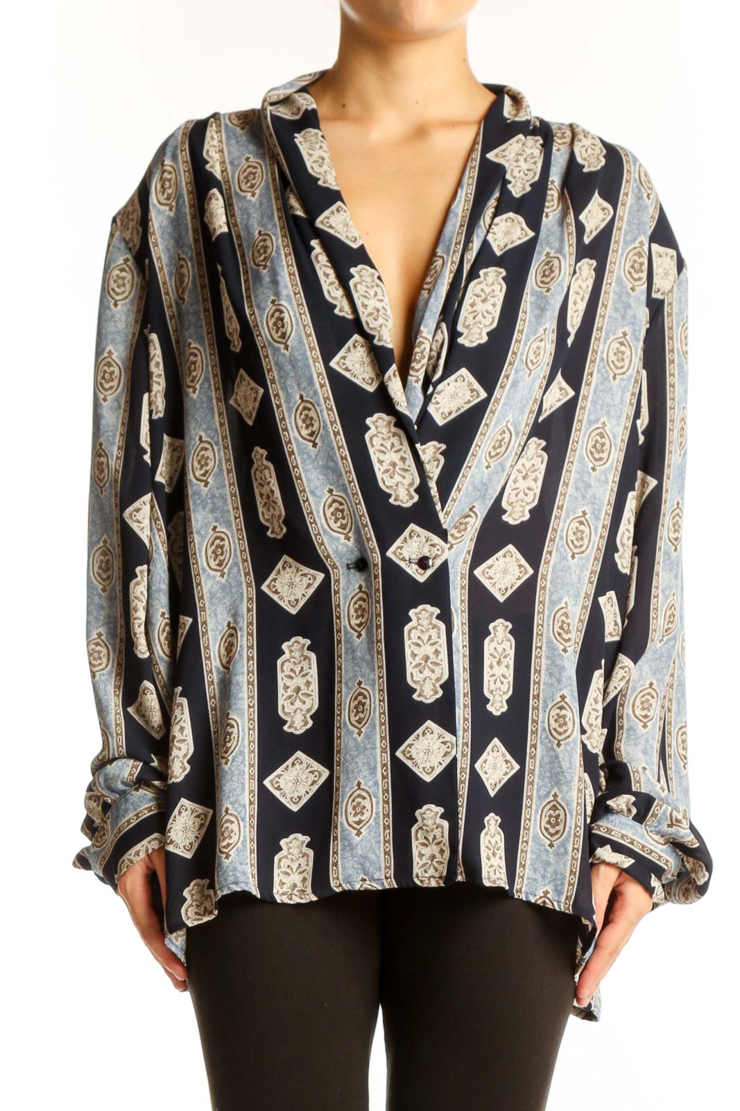 Front view of JESSICA LONDON Black and Gray Geometric Print Blouse with V-neck