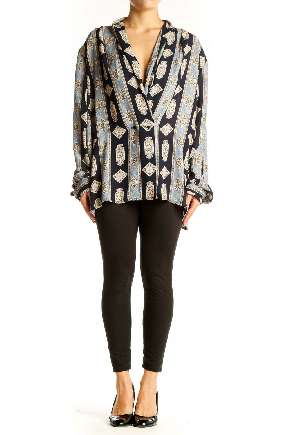 Front view of JESSICA LONDON Black and Gray Geometric Print Blouse with V-neck