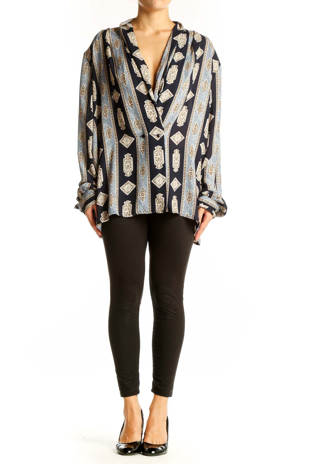Front view of JESSICA LONDON Black and Gray Geometric Print Blouse with V-neck