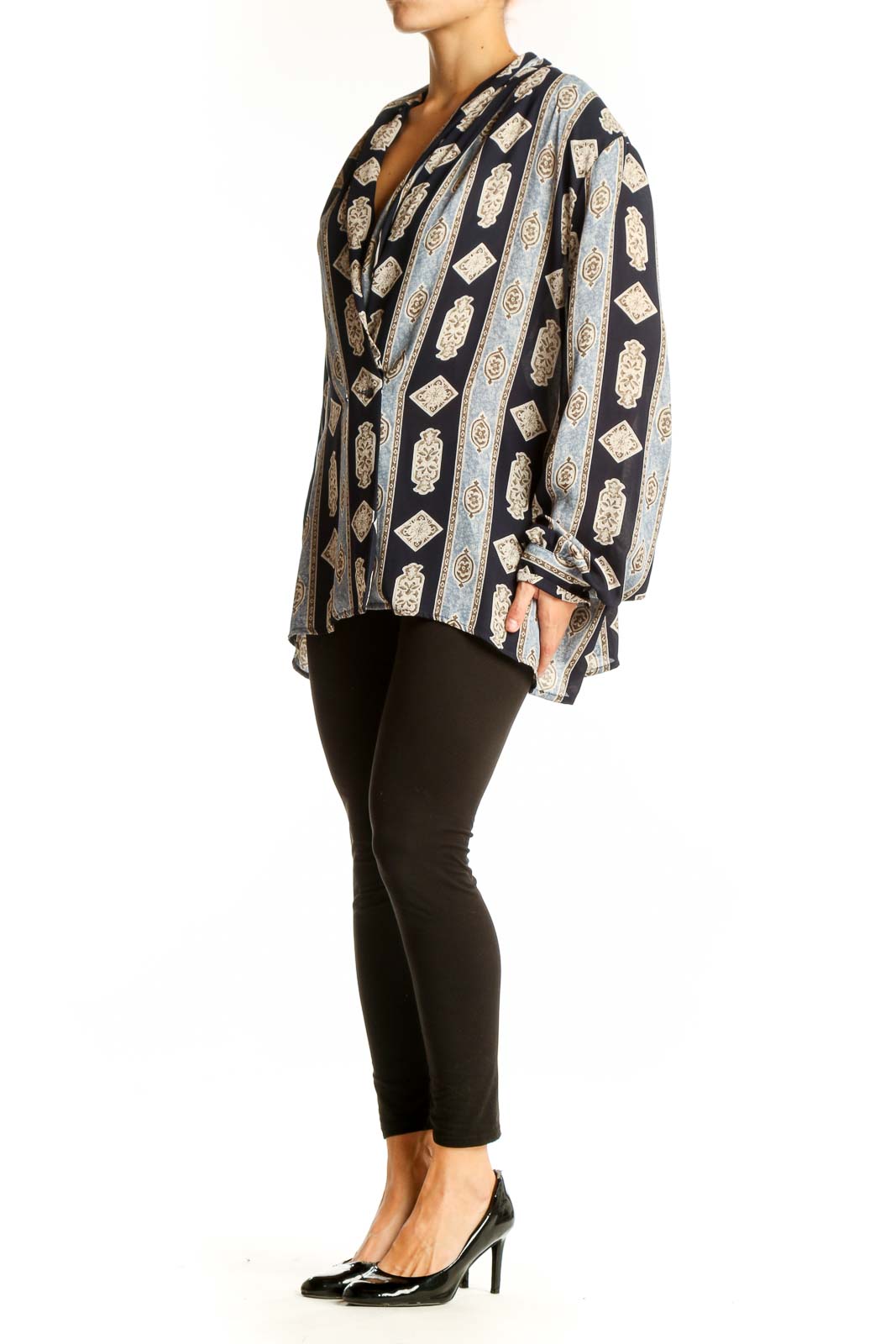 Front view of JESSICA LONDON Black and Gray Geometric Print Blouse with V-neck