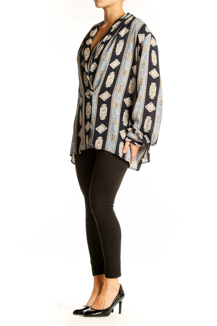 Front view of JESSICA LONDON Black and Gray Geometric Print Blouse with V-neck