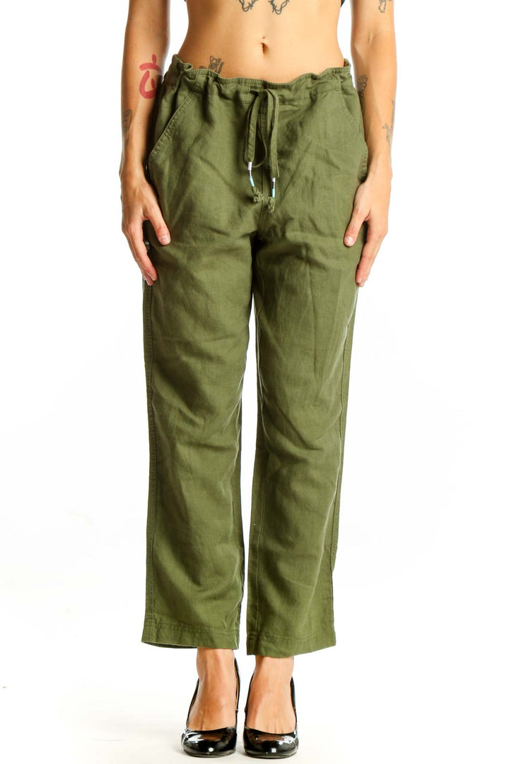 Front view of olive green J.Crew drawstring pants