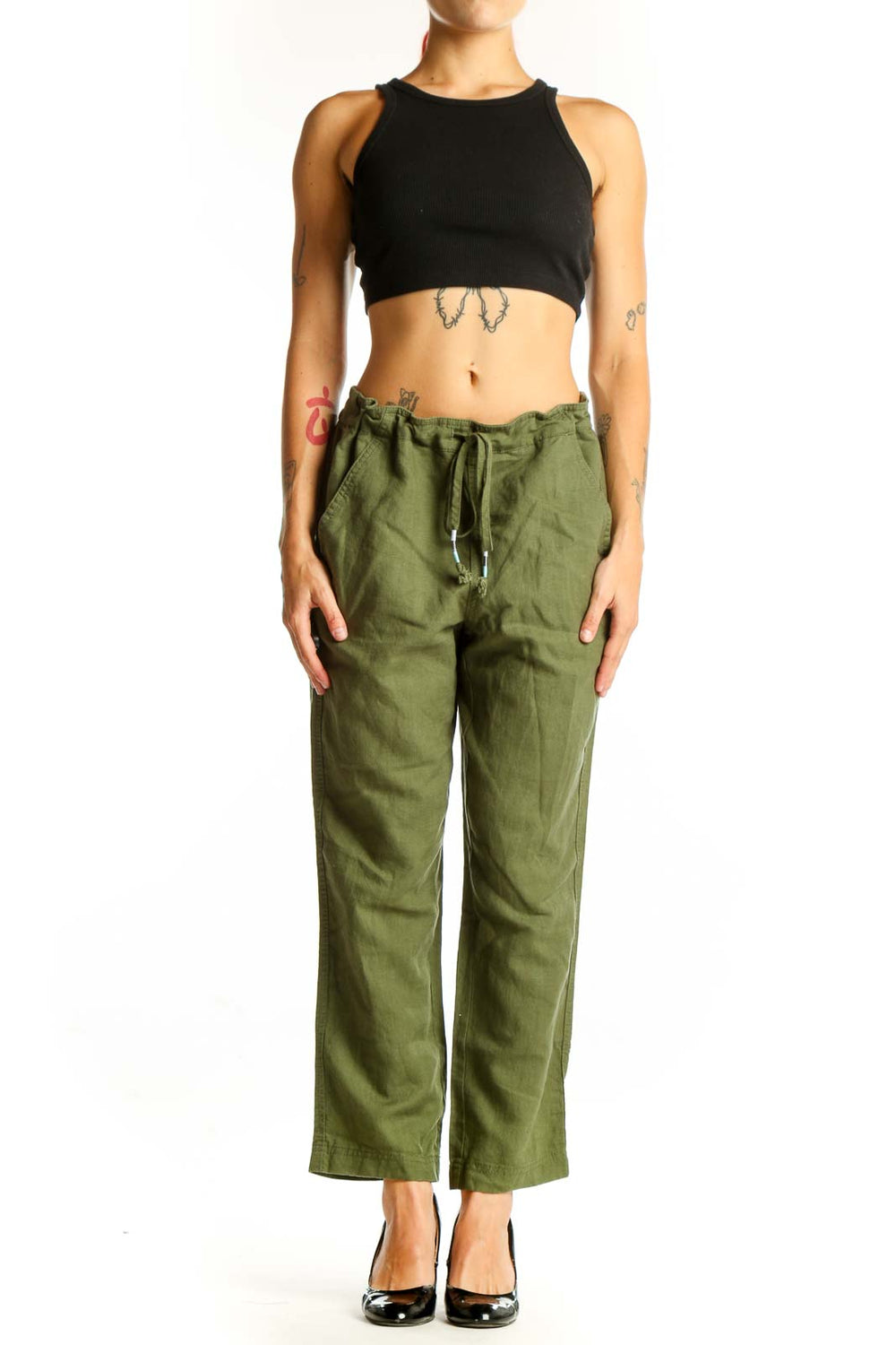 Front view of olive green J.Crew drawstring pants