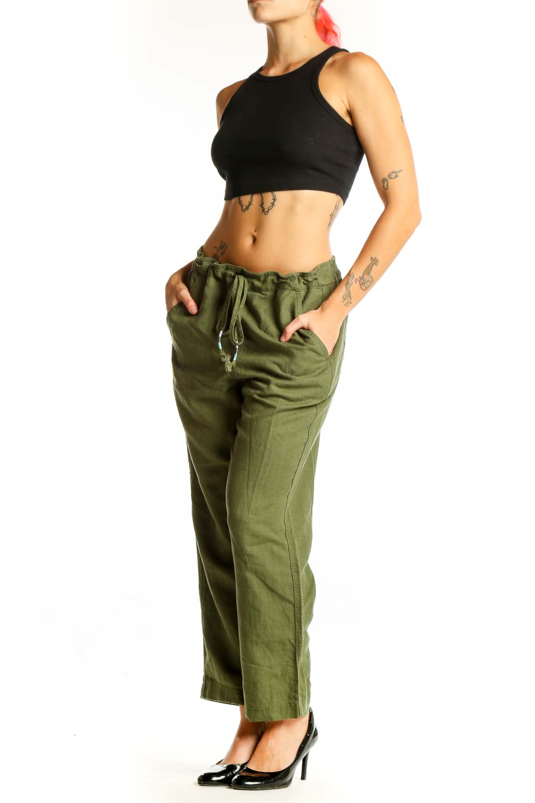 Front view of olive green J.Crew drawstring pants