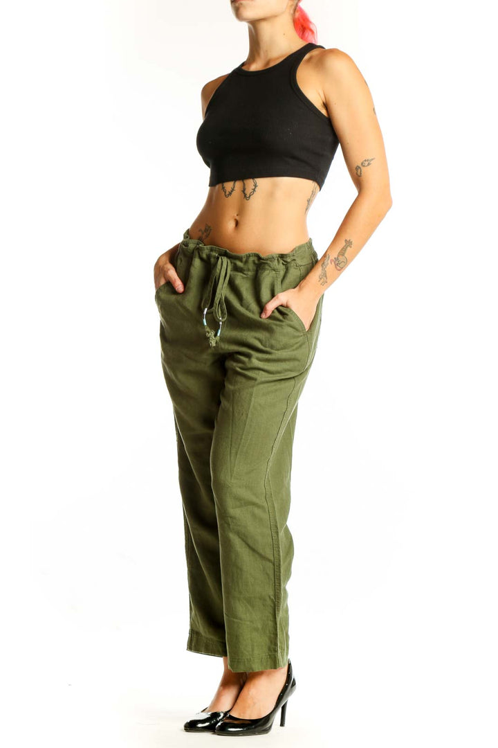 Front view of olive green J.Crew drawstring pants