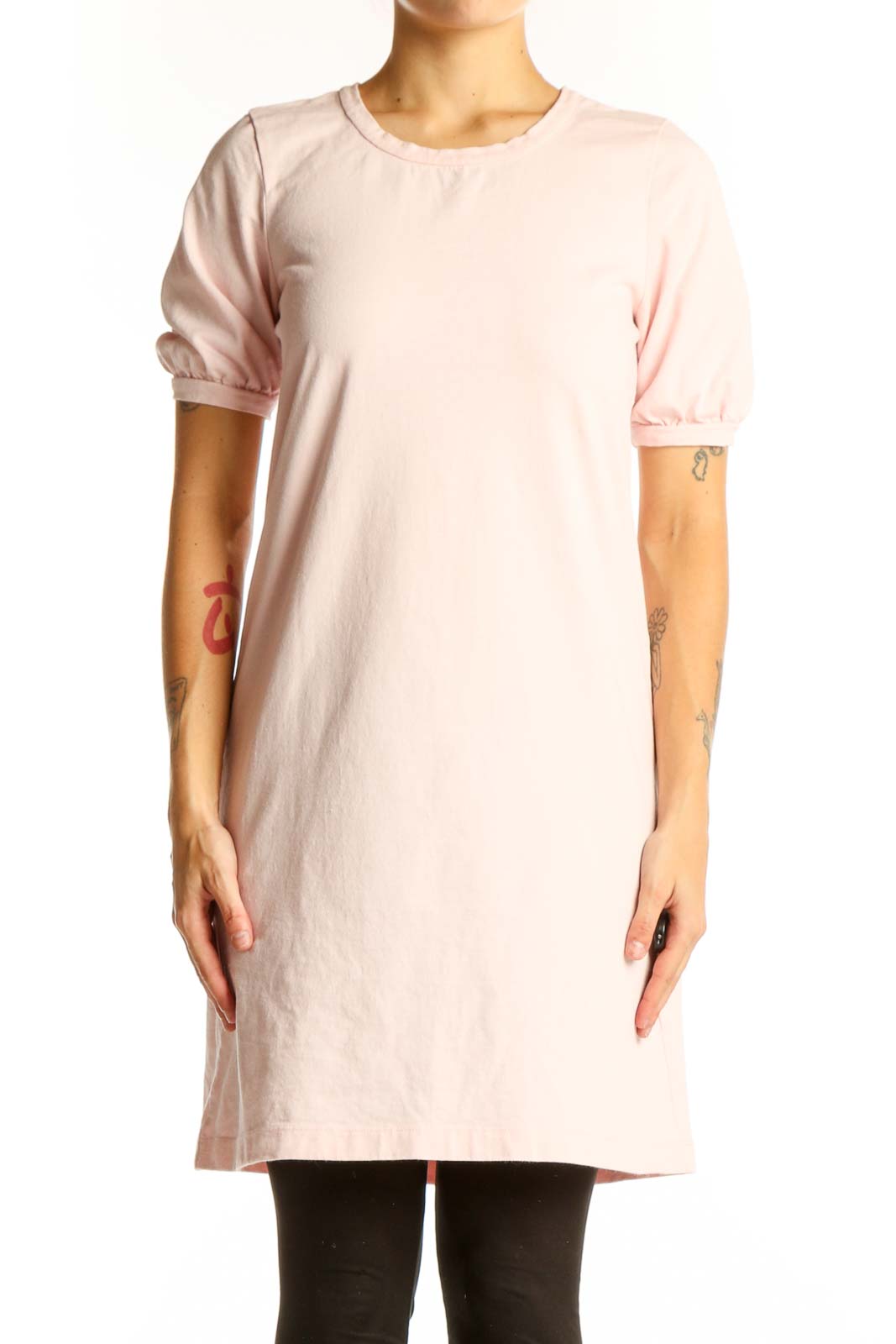 Front view of Madewell blush pink cotton t-shirt dress with puff sleeves