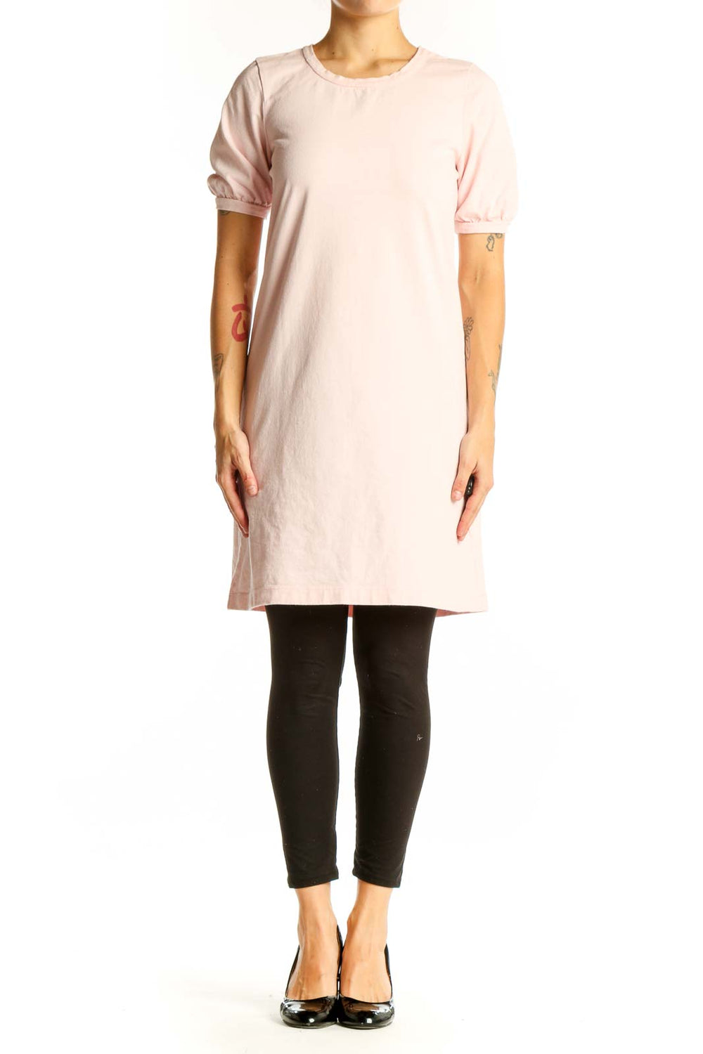 Front view of Madewell blush pink cotton t-shirt dress with puff sleeves