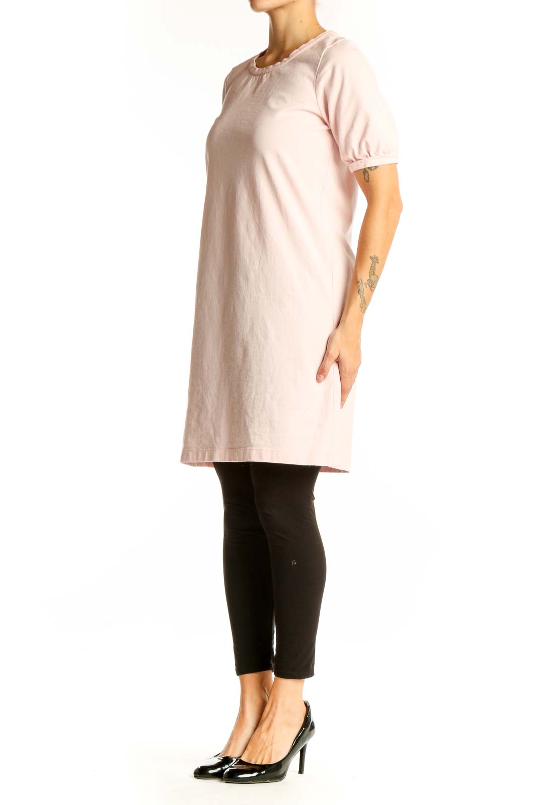 Front view of Madewell blush pink cotton t-shirt dress with puff sleeves