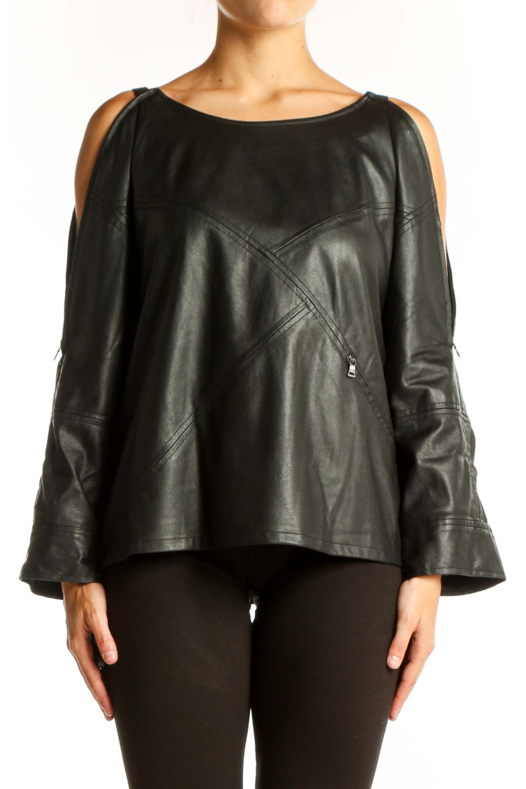 Front view of black leather cold shoulder top with zipper details