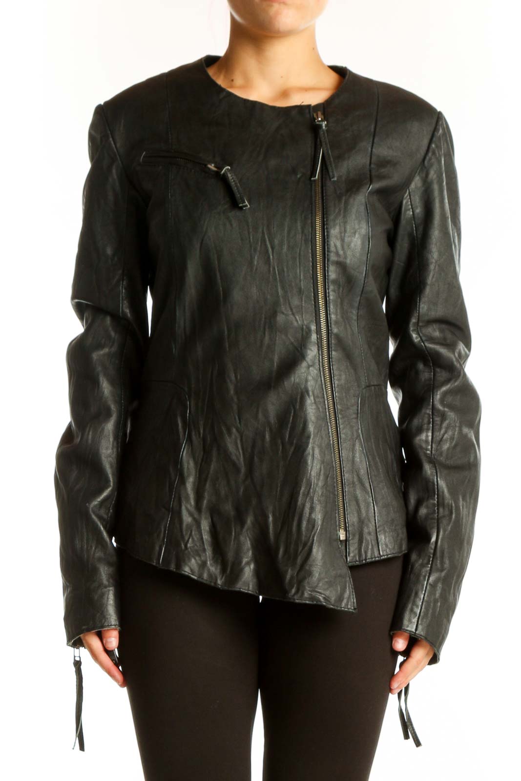 Front view of Topshop black asymmetric leather biker jacket