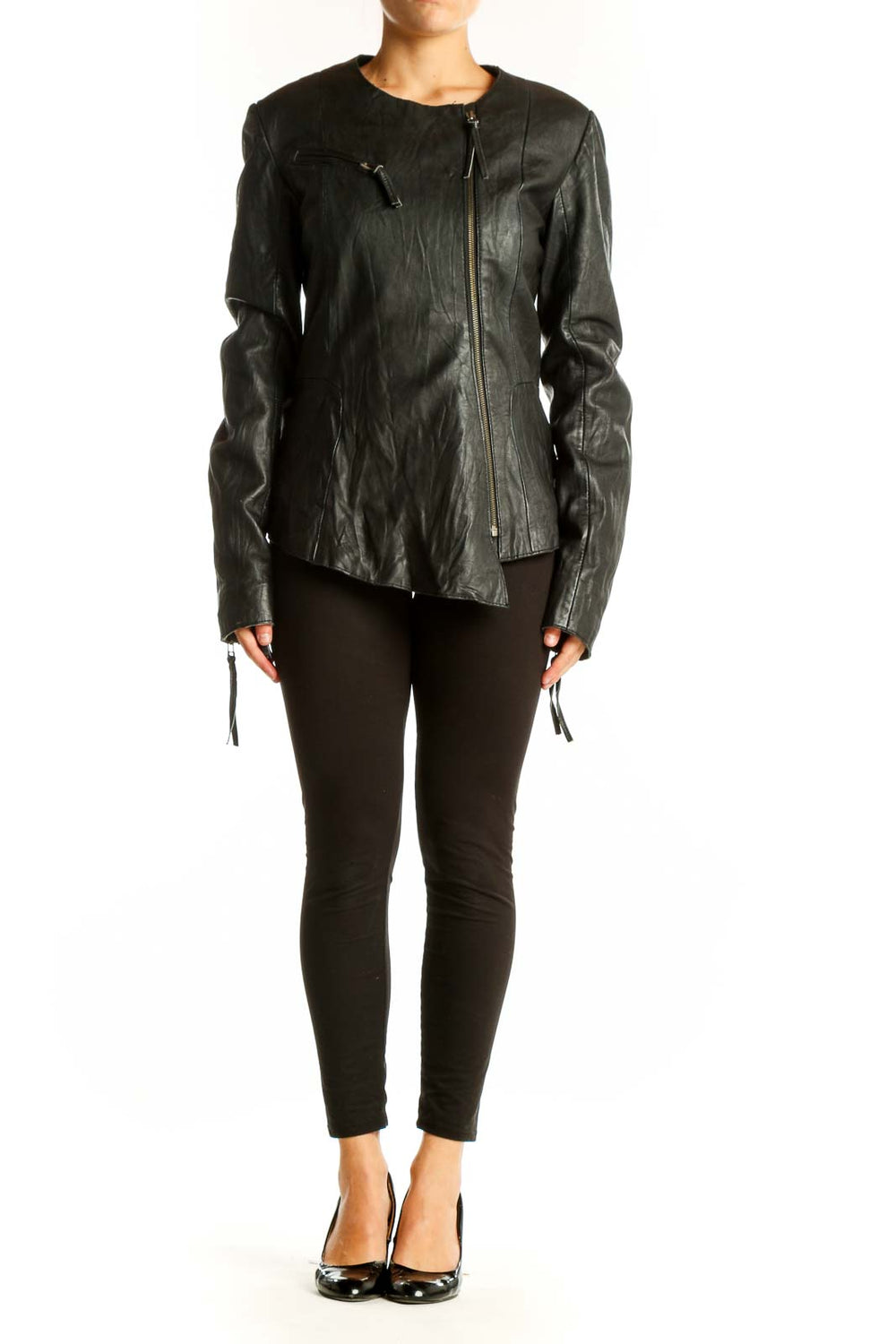 Front view of Topshop black asymmetric leather biker jacket