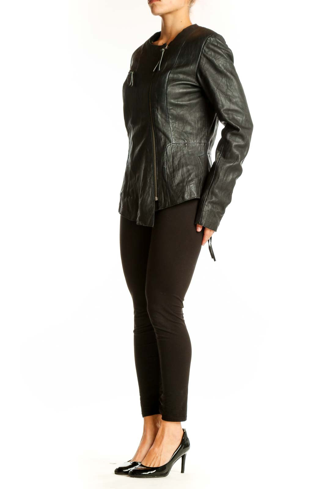 Front view of Topshop black asymmetric leather biker jacket